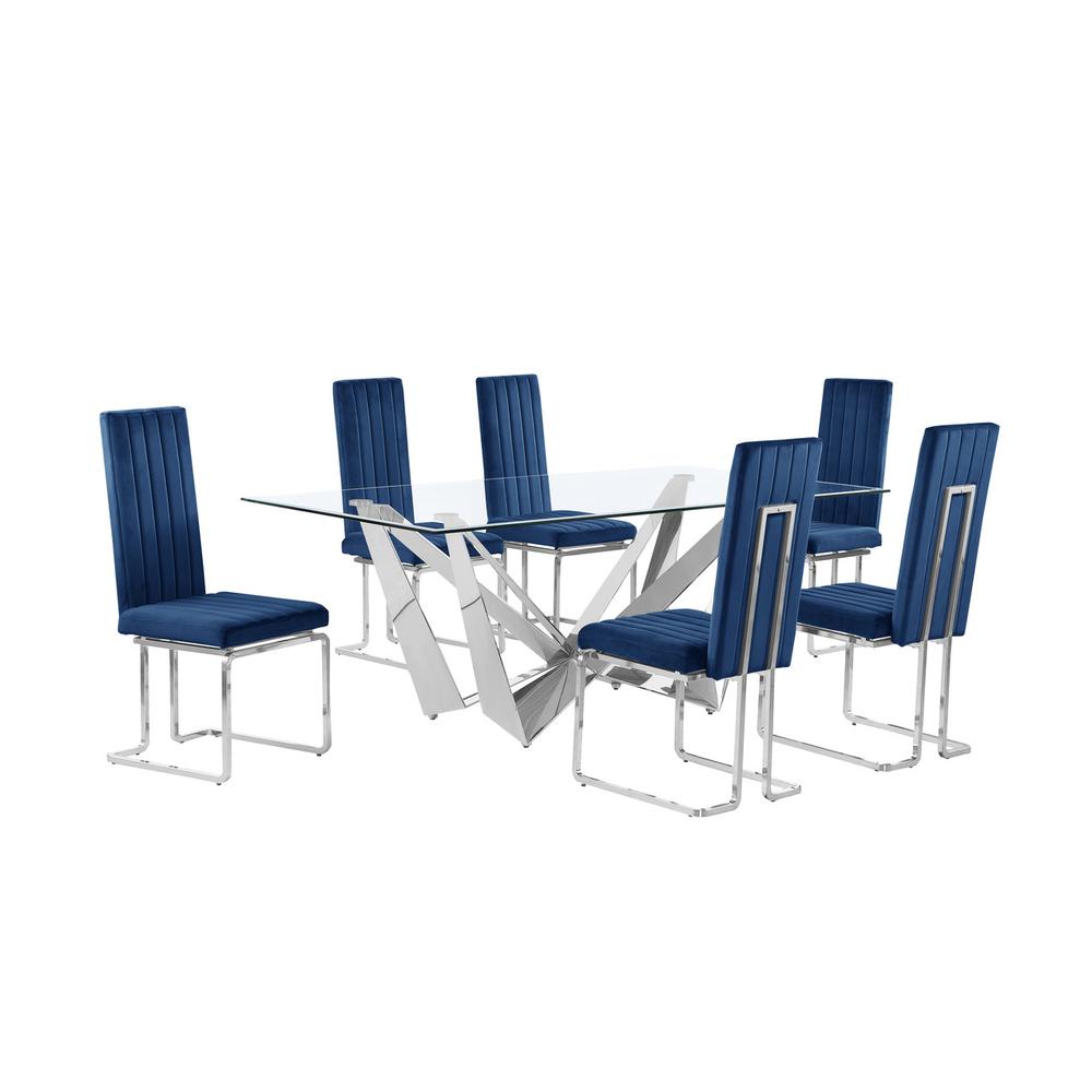 7pc Small(78″) glass dining set with silver base and 6 Navy blue side chairs