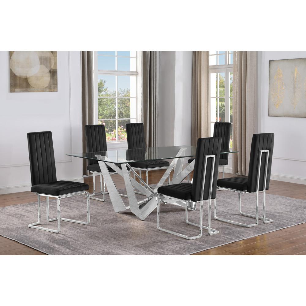 7pc Small(78″) glass dining set with silver base and 6 Cream side chairs