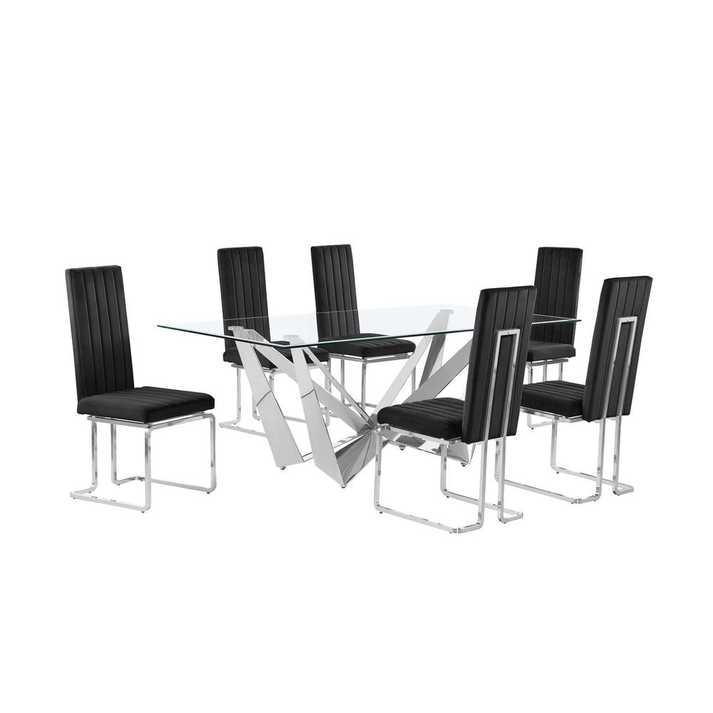 7pc Small(78″) glass dining set with silver base and 6 Black side chairs