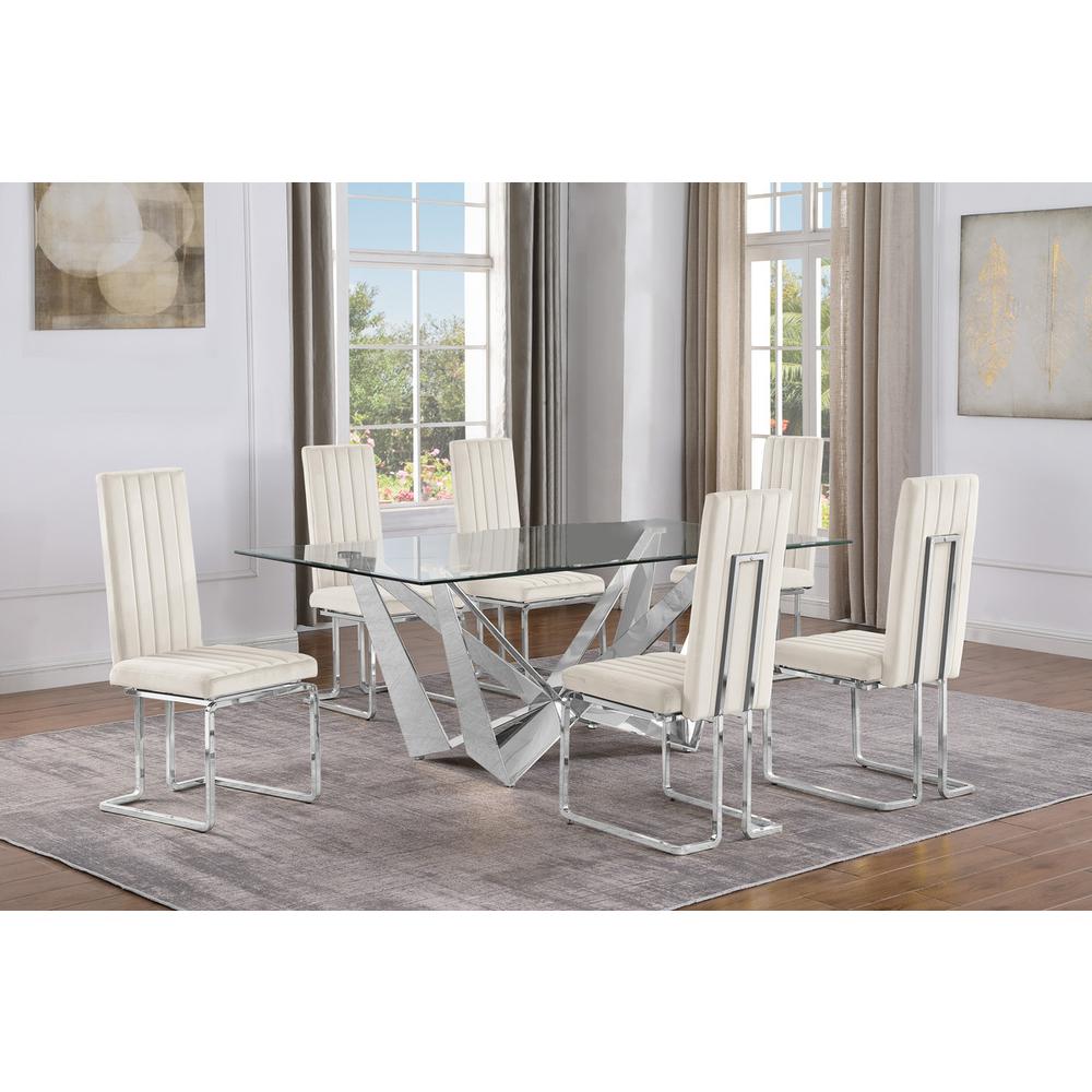 7pc Small(78″) glass dining set with silver base and 6 Black side chairs