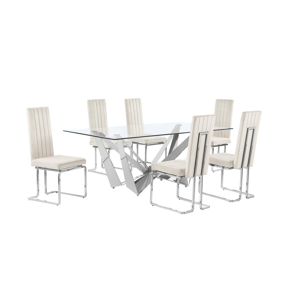 7pc Small(78″) glass dining set with silver base and 6 Cream side chairs