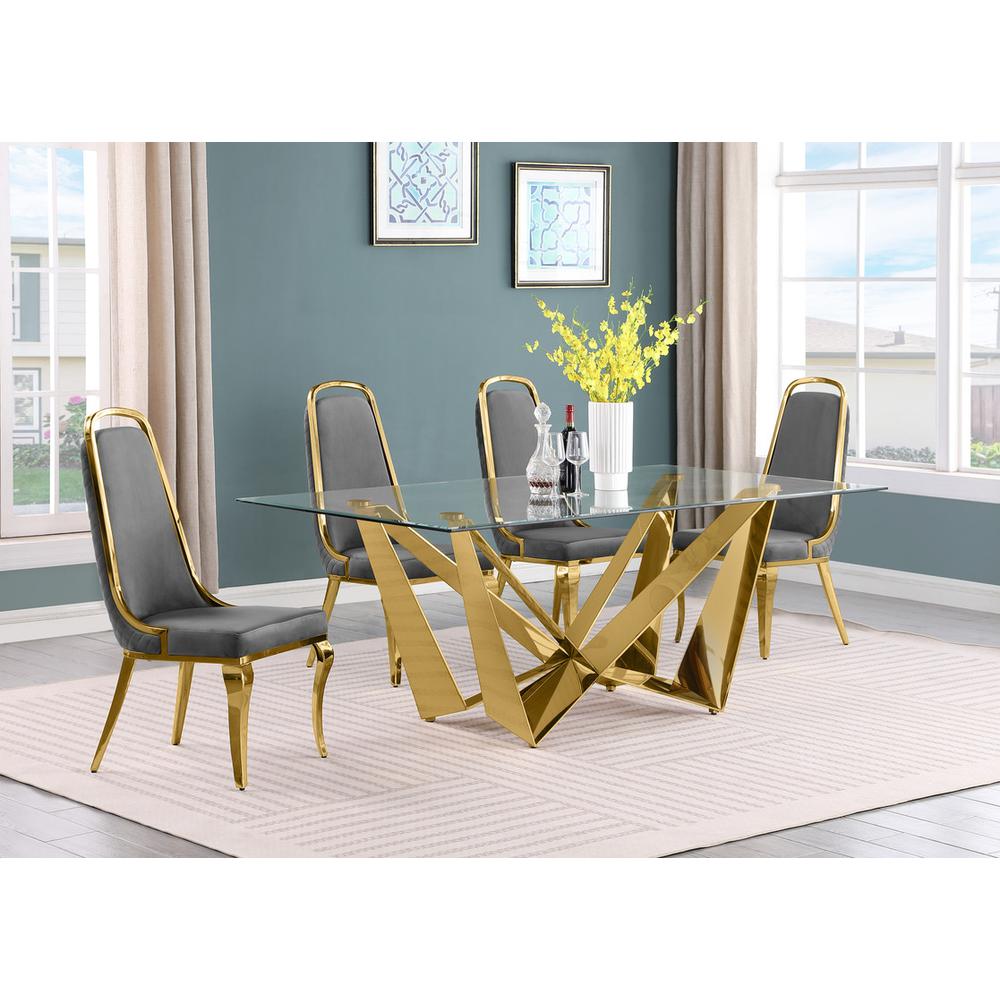 5pc Small(78″) glass dining set with gold base and 6 Dark grey side chairs
