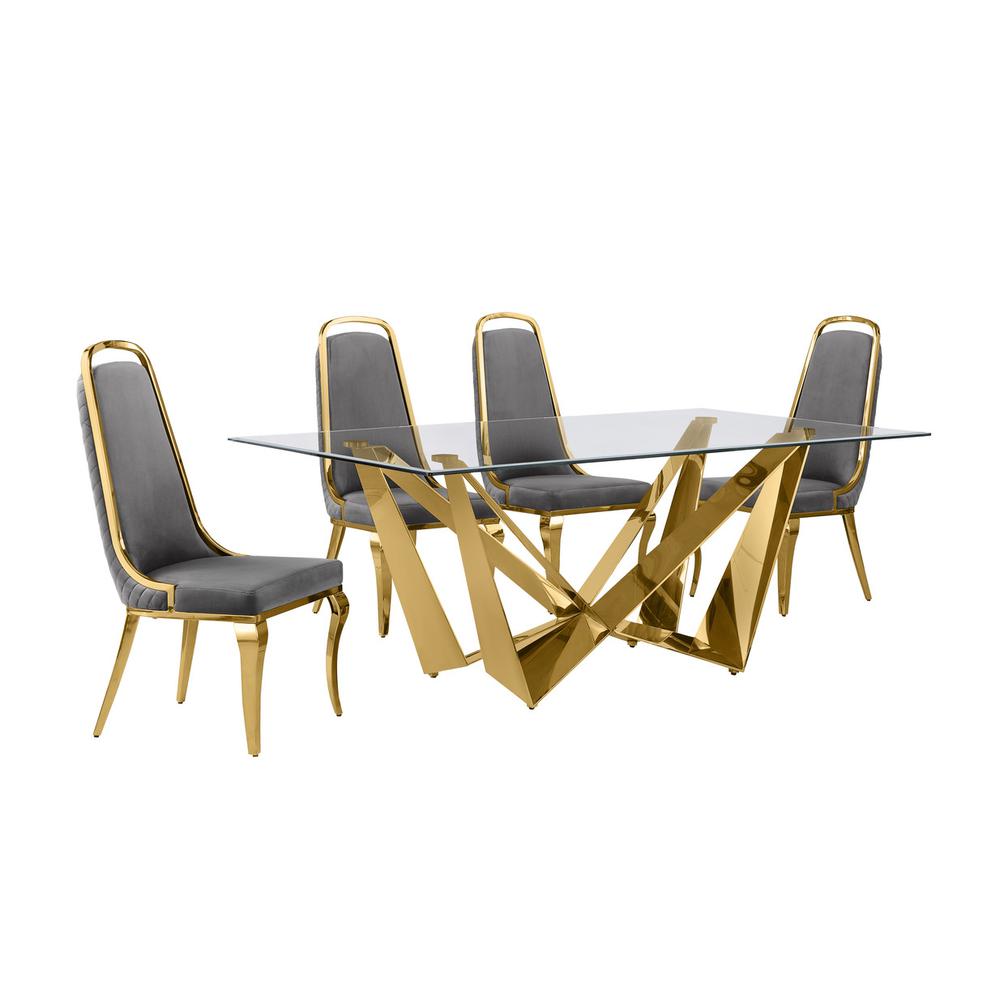 5pc Small(78″) glass dining set with gold base and 6 Dark grey side chairs