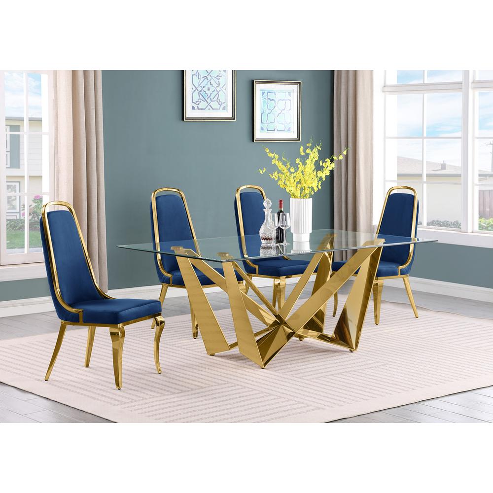 5pc Small(78″) glass dining set with gold base and 6 Navy blue side chairs