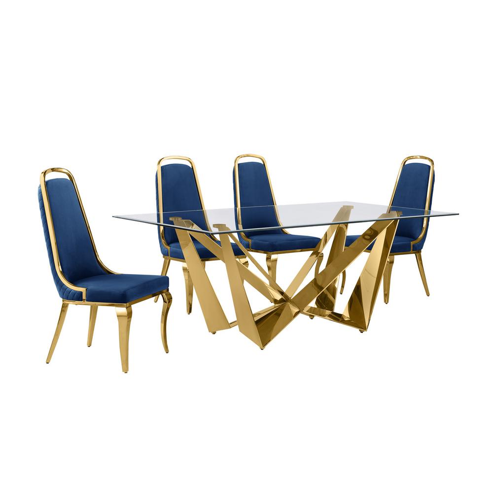5pc Small(78″) glass dining set with gold base and 6 Navy blue side chairs