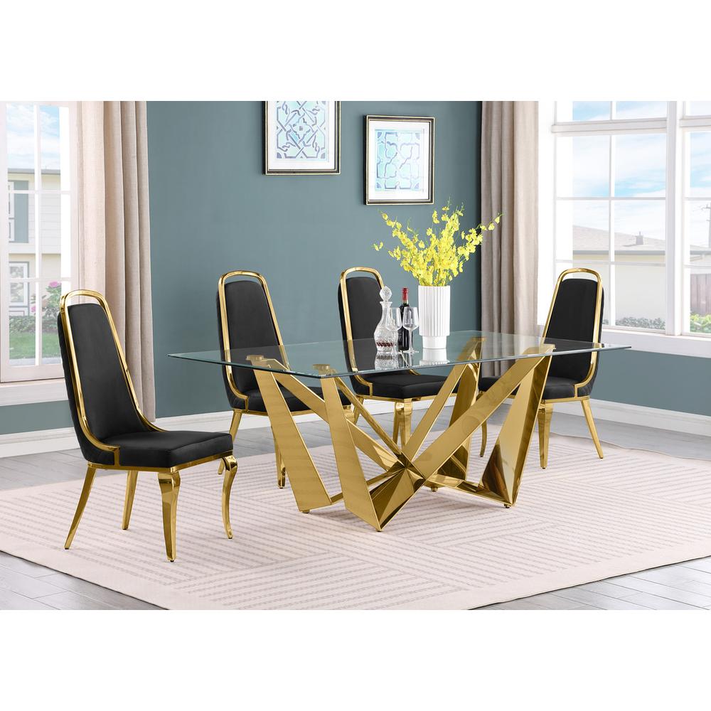 5pc Small(78″) glass dining set with gold base and 6 Black side chairs