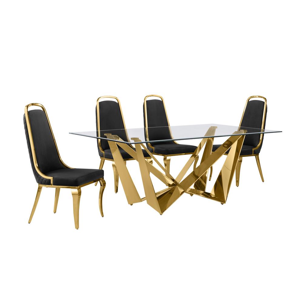 5pc Small(78″) glass dining set with gold base and 6 Black side chairs
