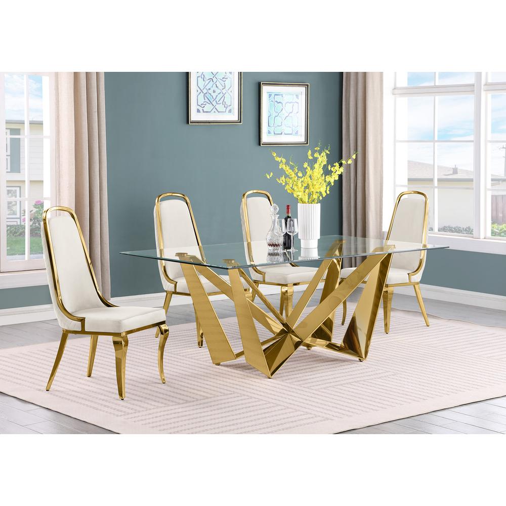 5pc Small(78″) glass dining set with gold base and 6 Cream side chairs