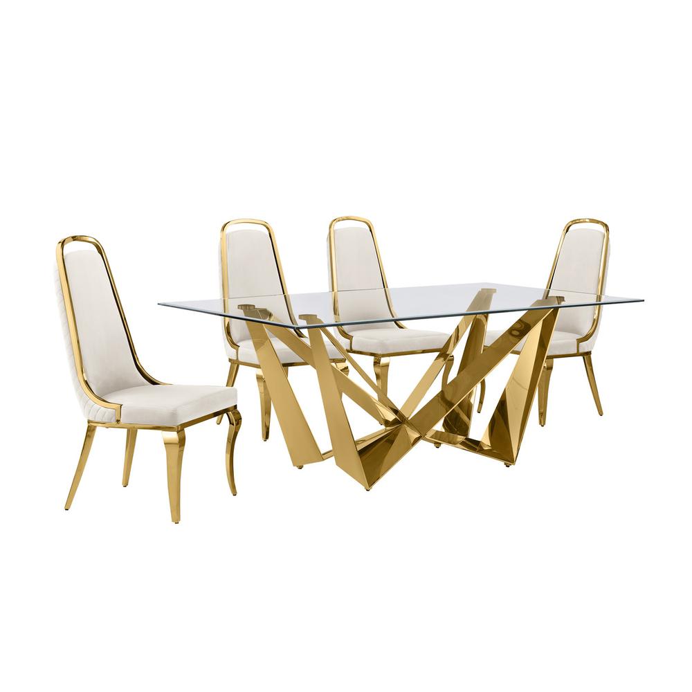 5pc Small(78″) glass dining set with gold base and 6 Cream side chairs