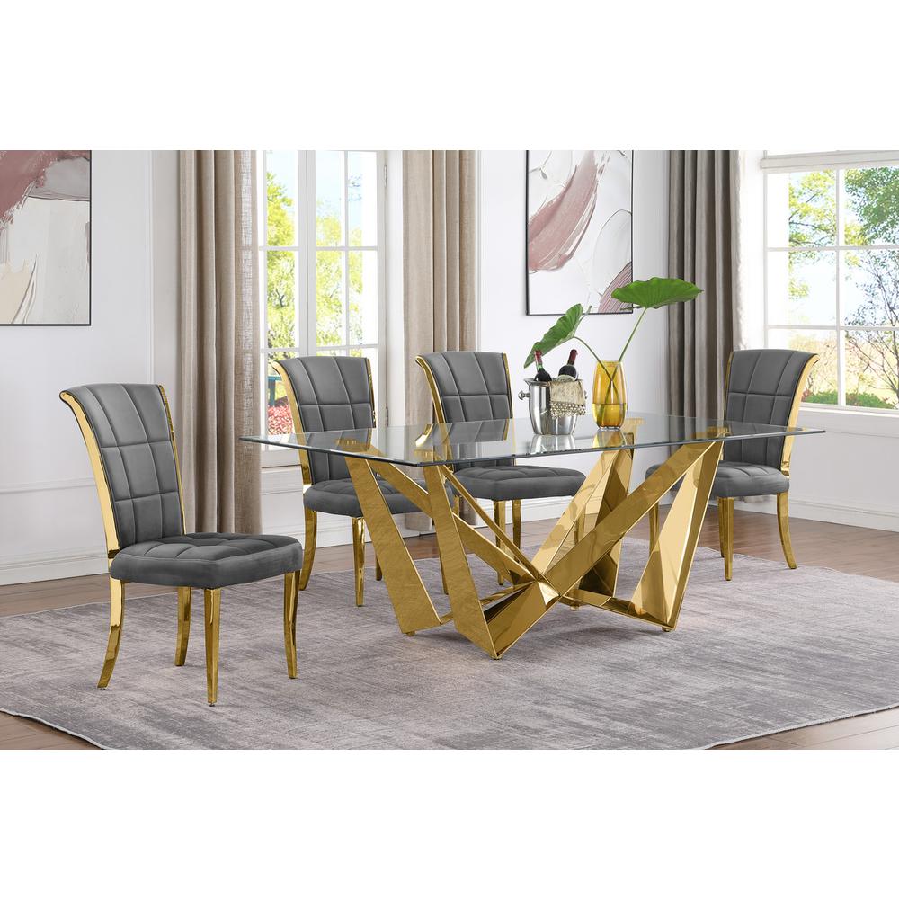 5pc Small(78″) glass dining set with gold base and 6 Dark grey side chairs