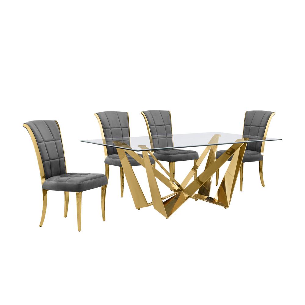 5pc Small(78″) glass dining set with gold base and 6 Dark grey side chairs