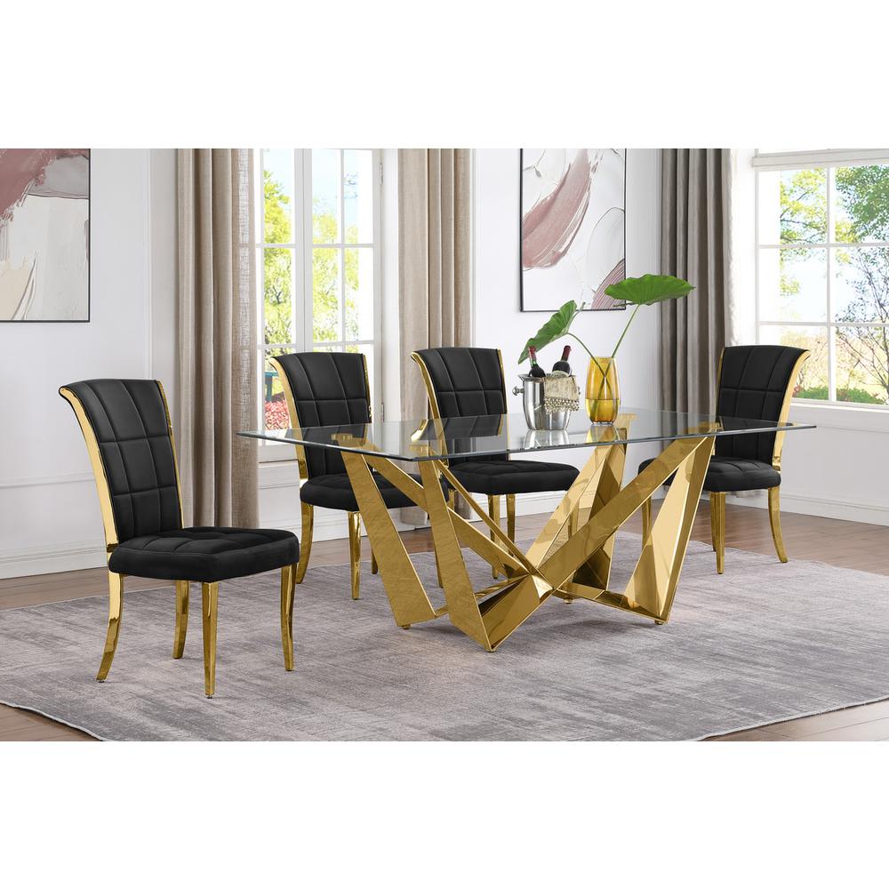 5pc Small(78″) glass dining set with gold base and 6 Black side chairs