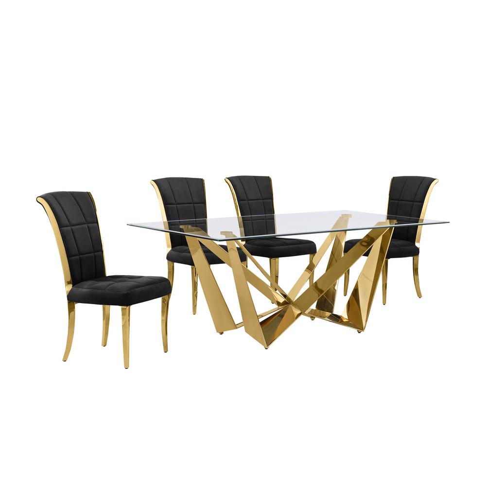 5pc Small(78″) glass dining set with gold base and 6 Black side chairs