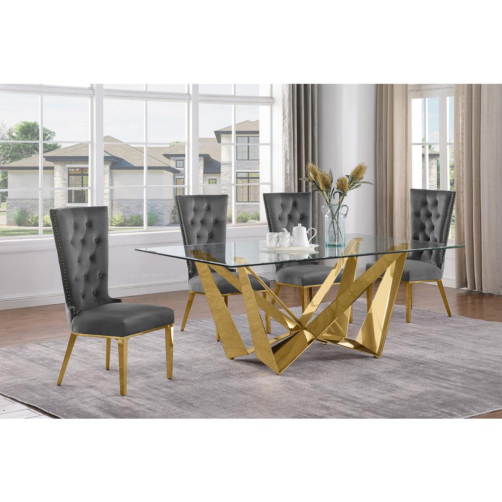5pc Small(78″) glass dining set with gold base and 6 Dark grey side chairs