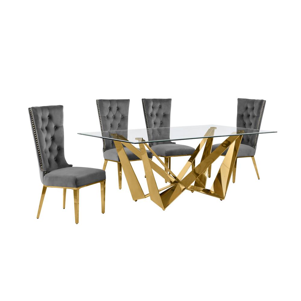 5pc Small(78″) glass dining set with gold base and 6 Dark grey side chairs