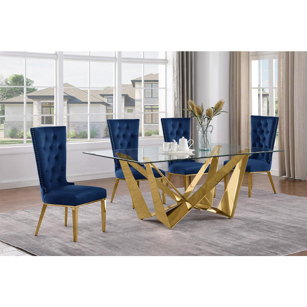 5pc Small(78″) glass dining set with gold base and 6 Navy blue side chairs