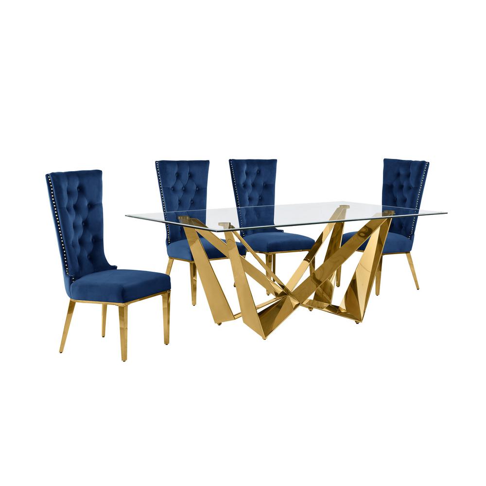 5pc Small(78″) glass dining set with gold base and 6 Navy blue side chairs