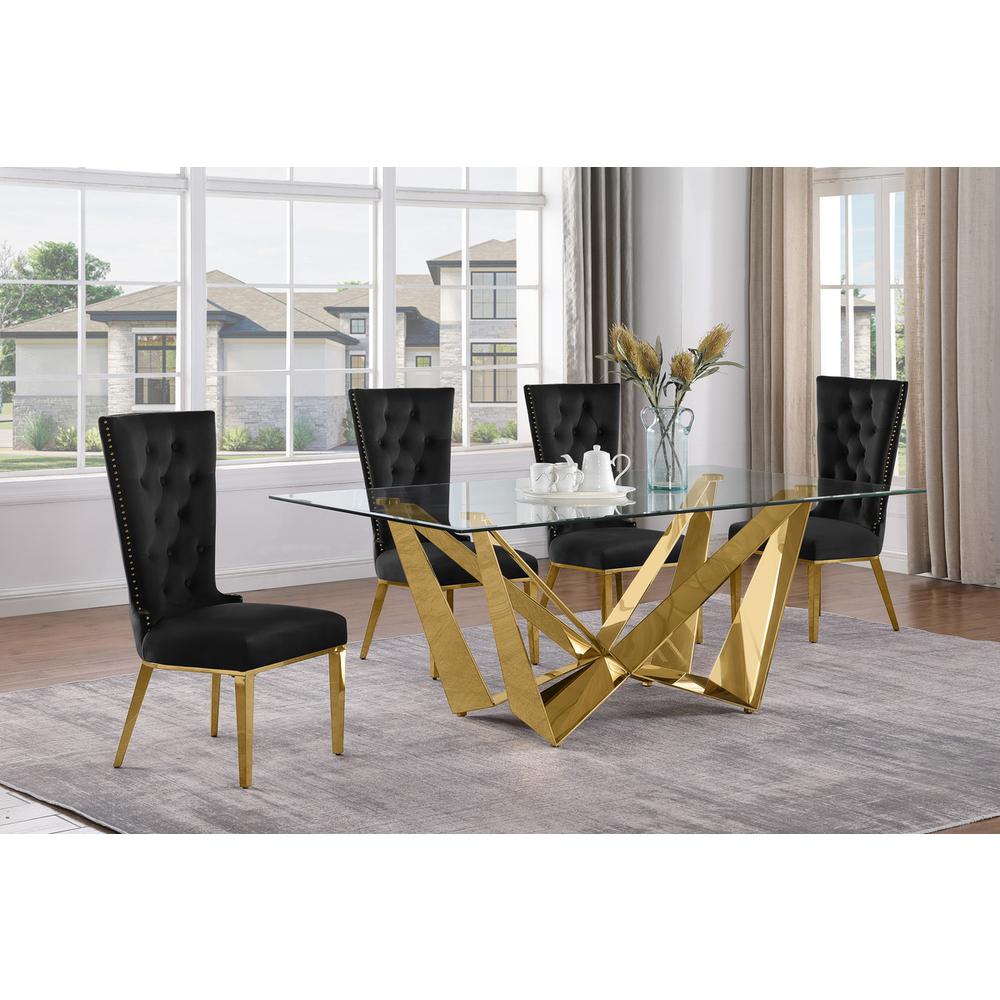 5pc Small(78″) glass dining set with gold base and 6 Black side chairs