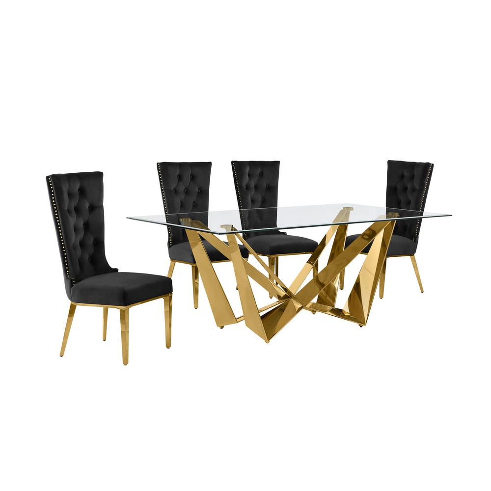 5pc Small(78″) glass dining set with gold base and 6 Black side chairs