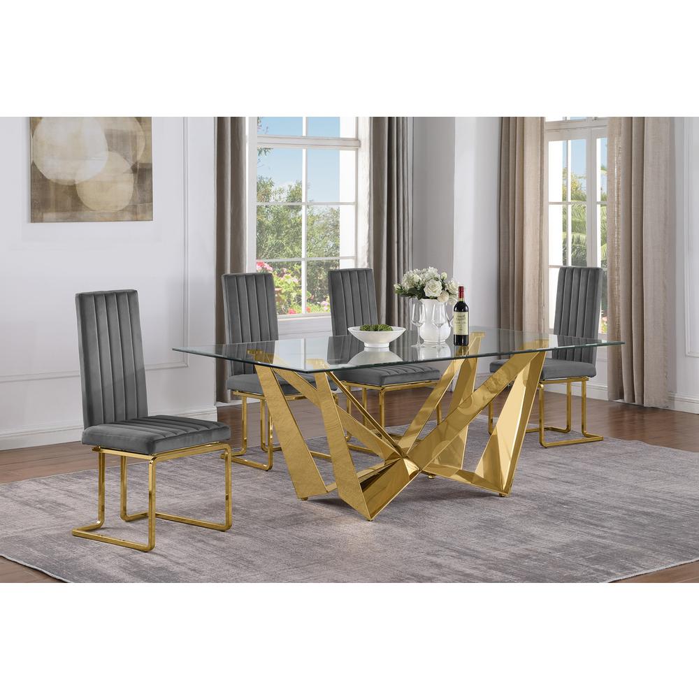 7pc Small(78″) glass dining set with gold base and 4 Dark grey side chairs