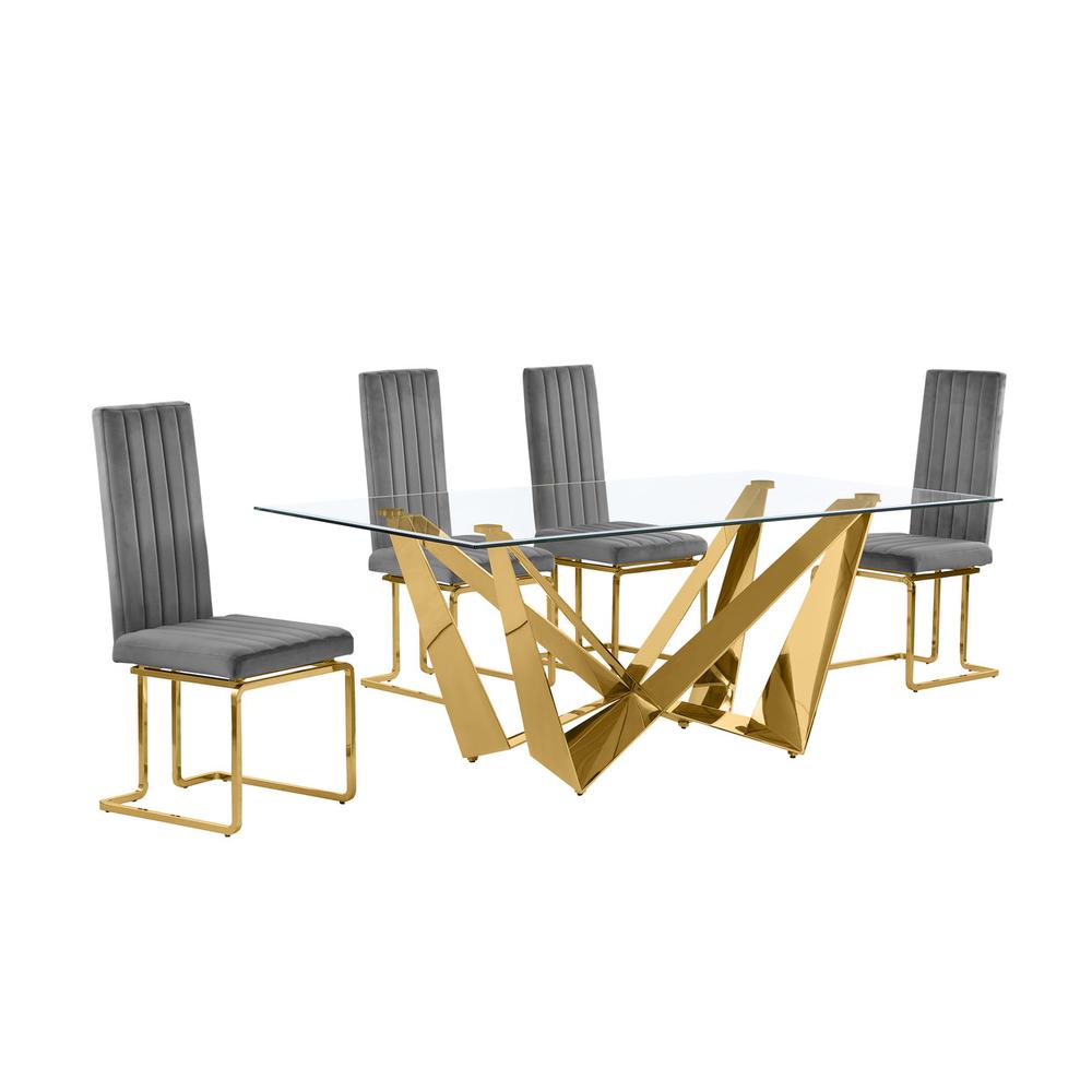 7pc Small(78″) glass dining set with gold base and 4 Dark grey side chairs