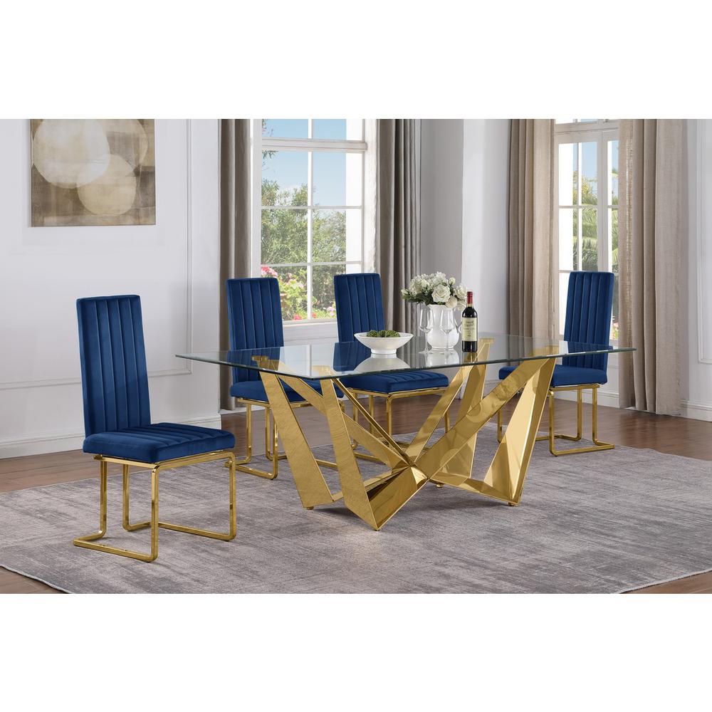 7pc Small(78″) glass dining set with gold base and 4 Navy blue side chairs
