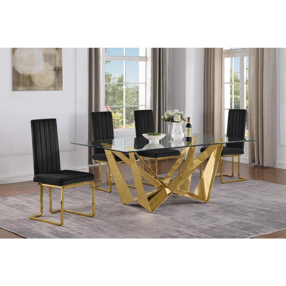 7pc Small(78″) glass dining set with gold base and 4 Black side chairs