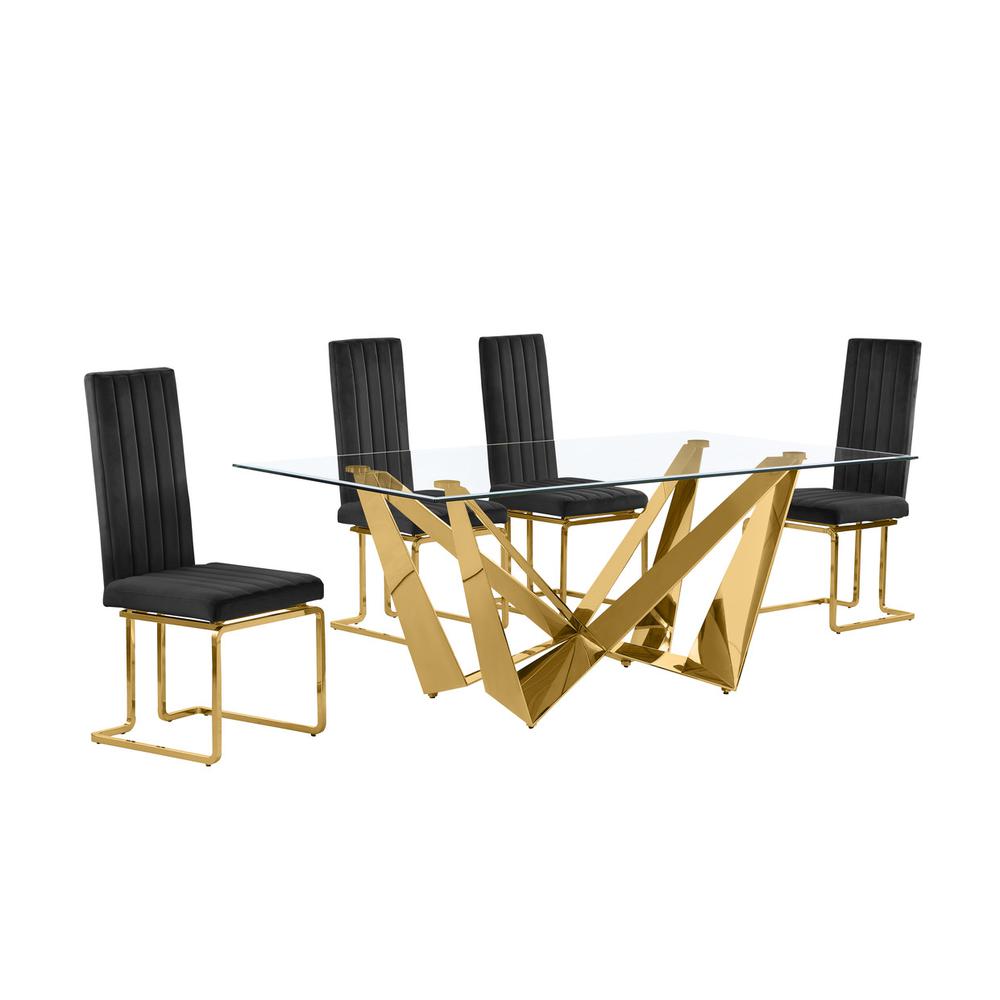 7pc Small(78″) glass dining set with gold base and 4 Black side chairs