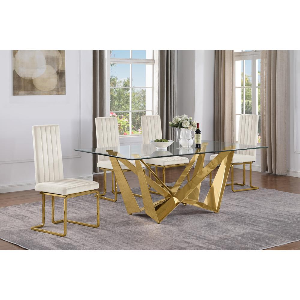 7pc Small(78″) glass dining set with gold base and 4 Cream side chairs