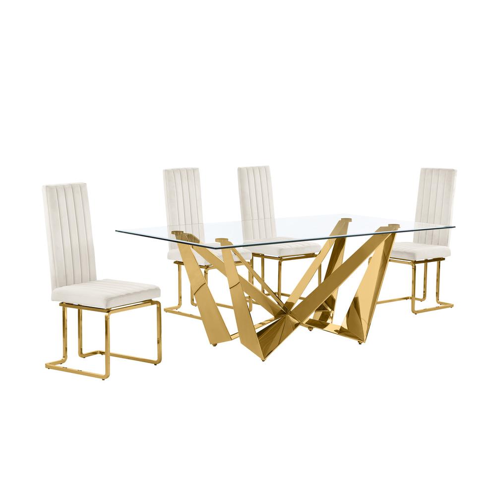 7pc Small(78″) glass dining set with gold base and 4 Cream side chairs