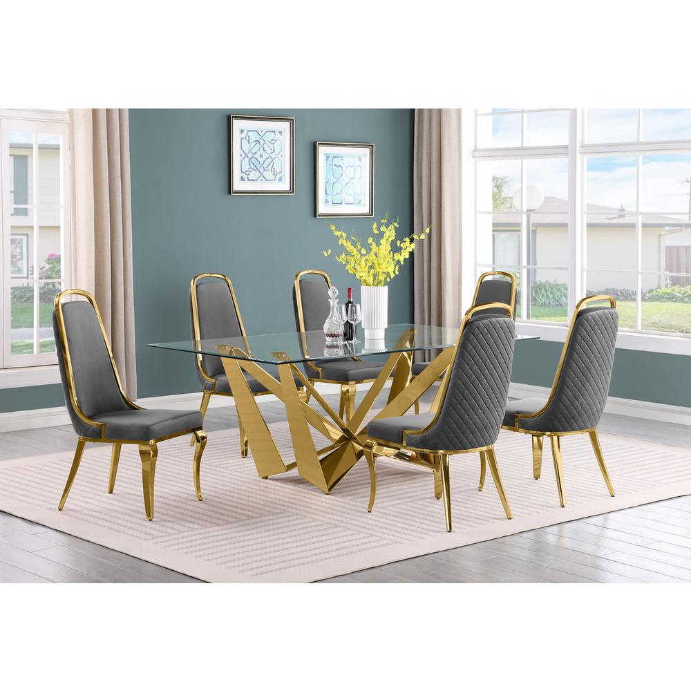 7pc Small(78″) glass dining set with gold base and 6 Dark grey side chairs