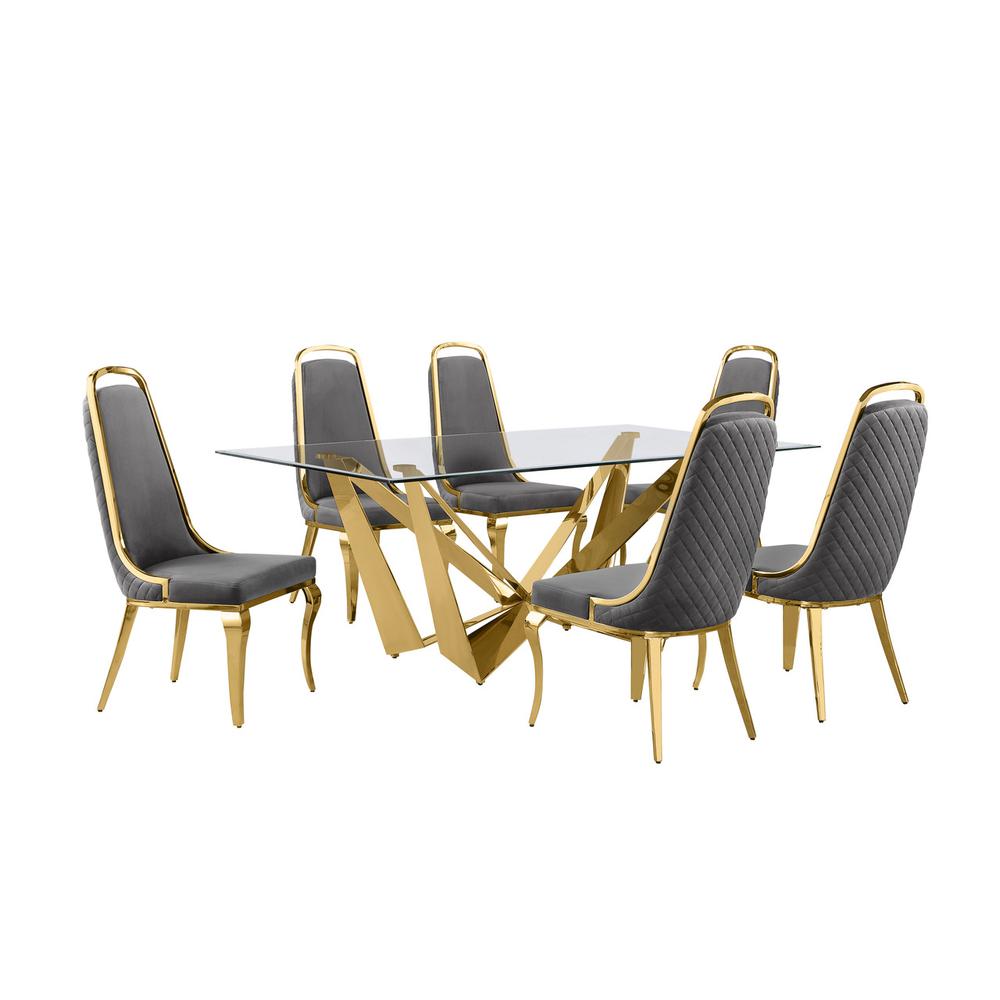 7pc Small(78″) glass dining set with gold base and 6 Dark grey side chairs