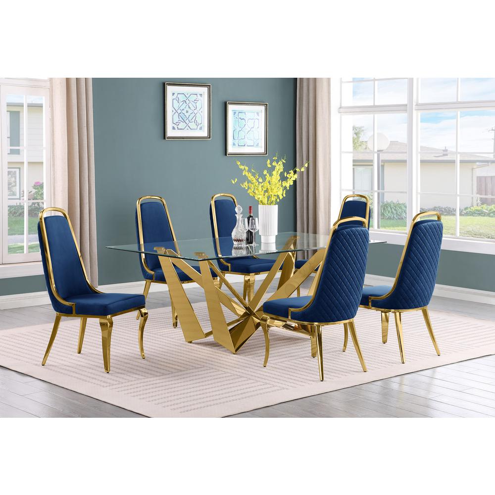 7pc Small(78″) glass dining set with gold base and 6 Navy blue side chairs