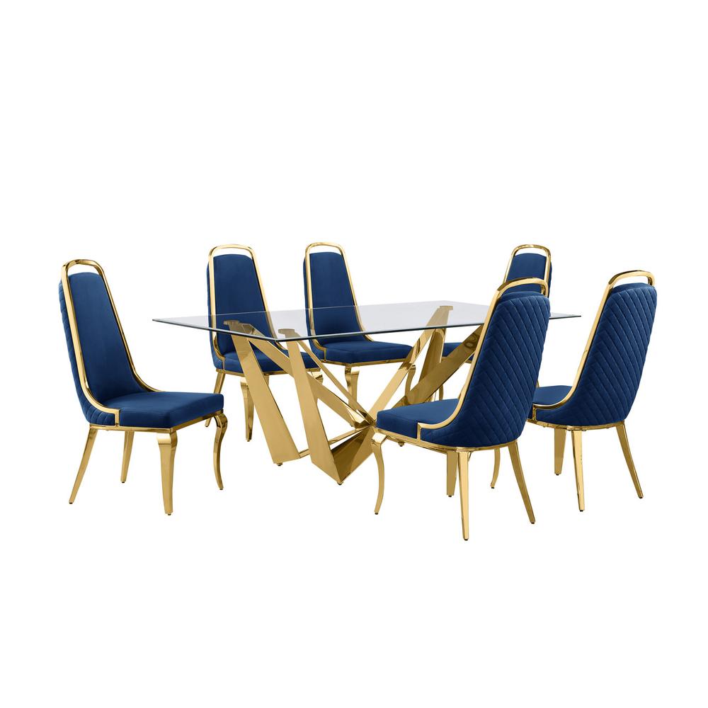 7pc Small(78″) glass dining set with gold base and 6 Navy blue side chairs