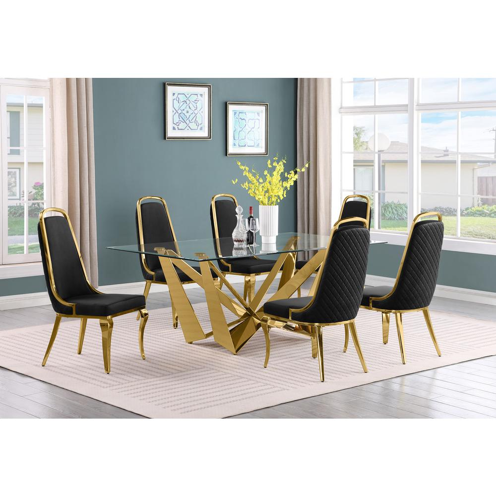 7pc Small(78″) glass dining set with gold base and 6 Black side chairs