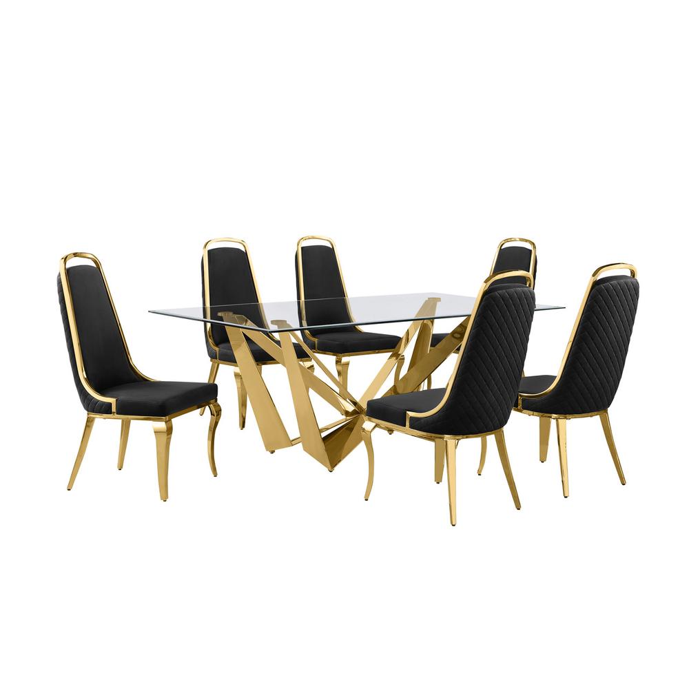 7pc Small(78″) glass dining set with gold base and 6 Black side chairs
