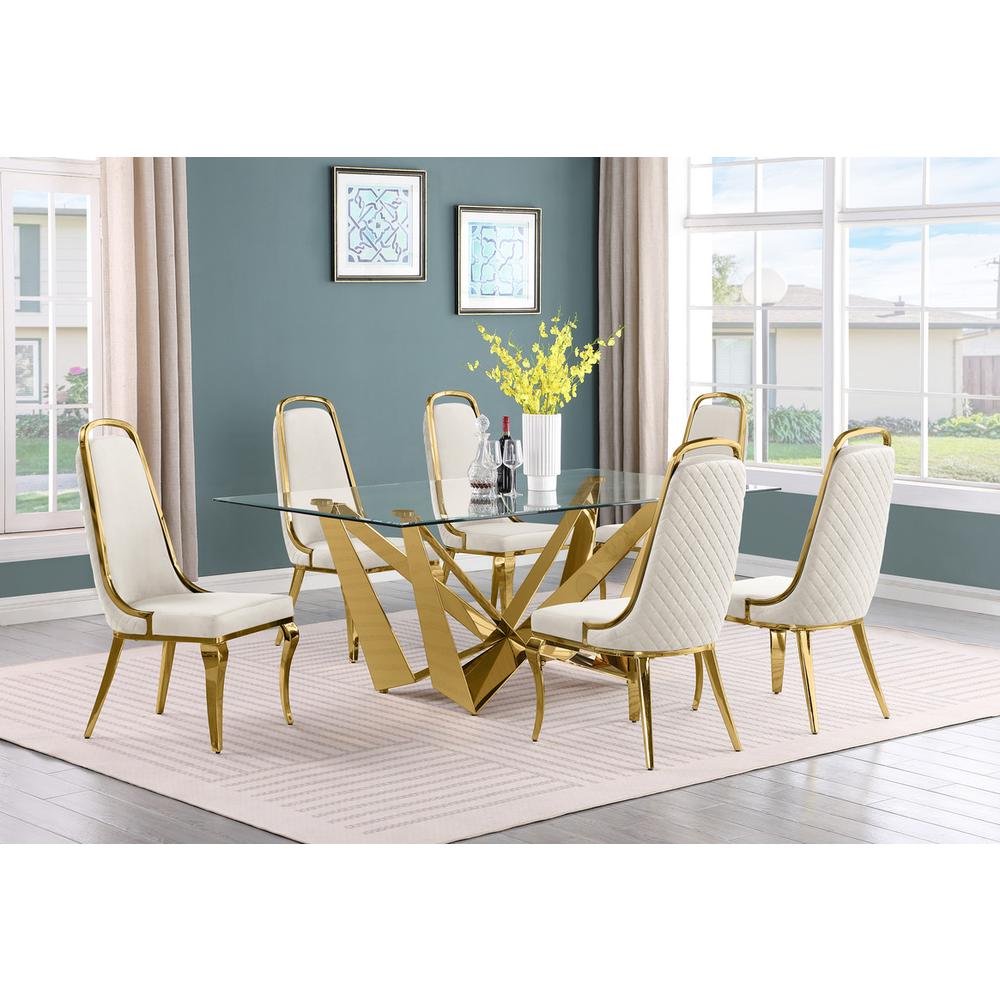7pc Small(78″) glass dining set with gold base and 6 Cream side chairs