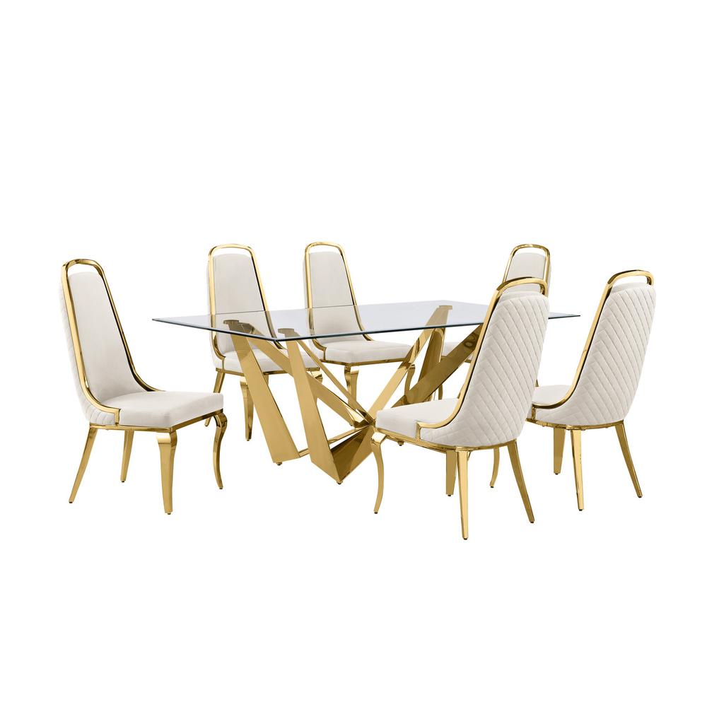 7pc Small(78″) glass dining set with gold base and 6 Cream side chairs