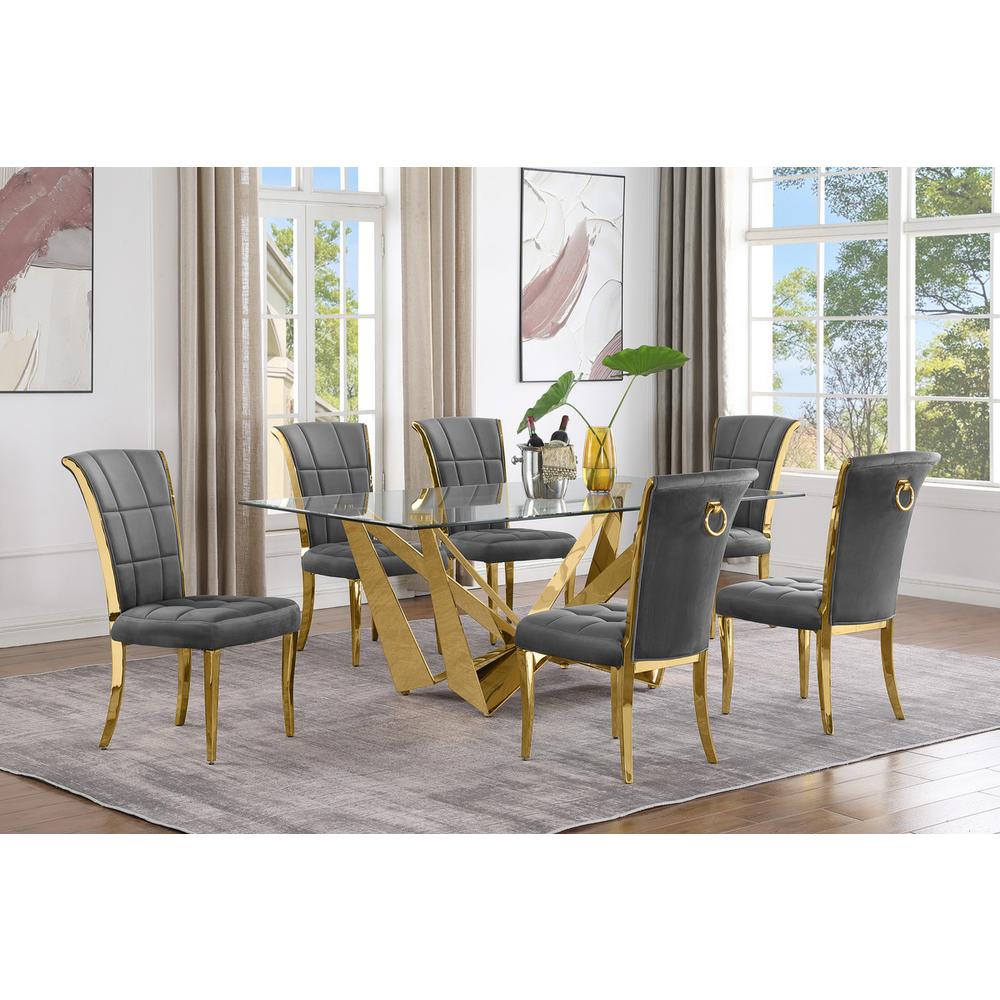 7pc Small(78″) glass dining set with gold base and 6 Dark grey side chairs