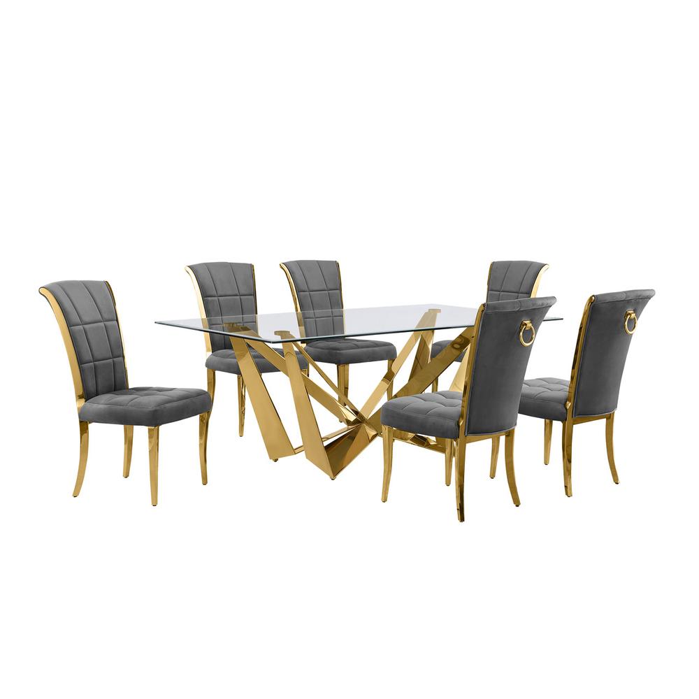 7pc Small(78″) glass dining set with gold base and 6 Dark grey side chairs