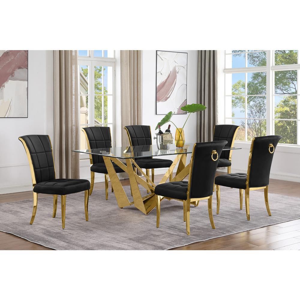 7pc Small(78″) glass dining set with gold base and 6 Black side chairs