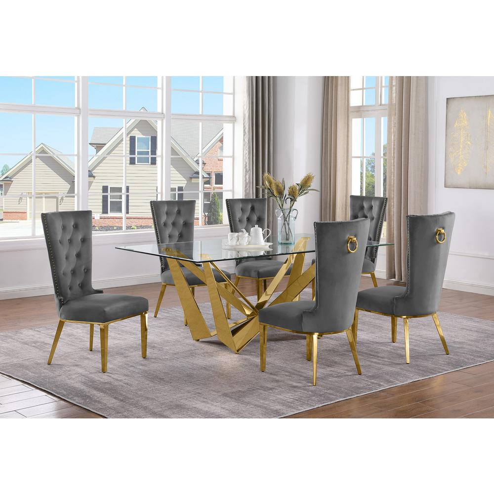 7pc Small(78″) glass dining set with gold base and 6 Dark grey side chairs