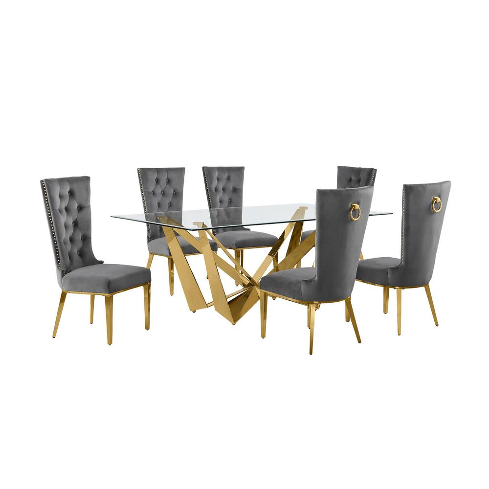 7pc Small(78″) glass dining set with gold base and 6 Dark grey side chairs