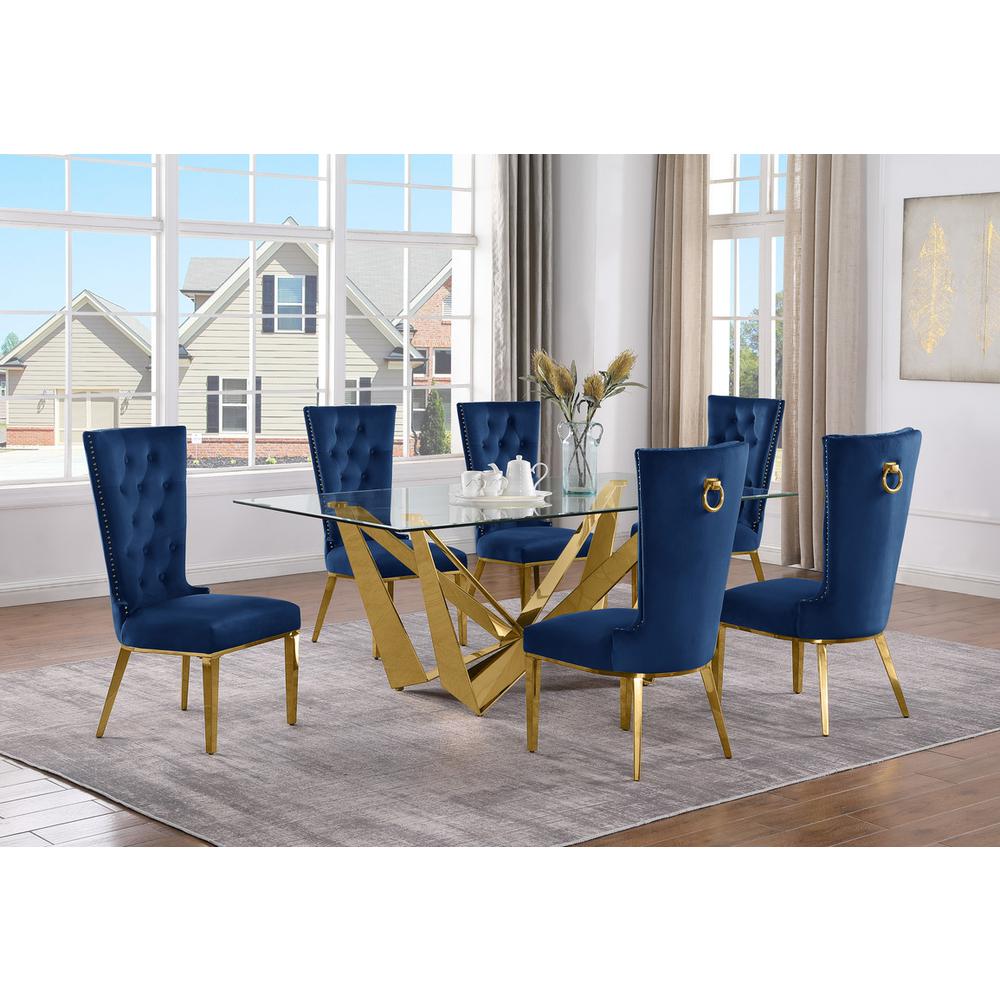 7pc Small(78″) glass dining set with gold base and 6 Navy blue side chairs