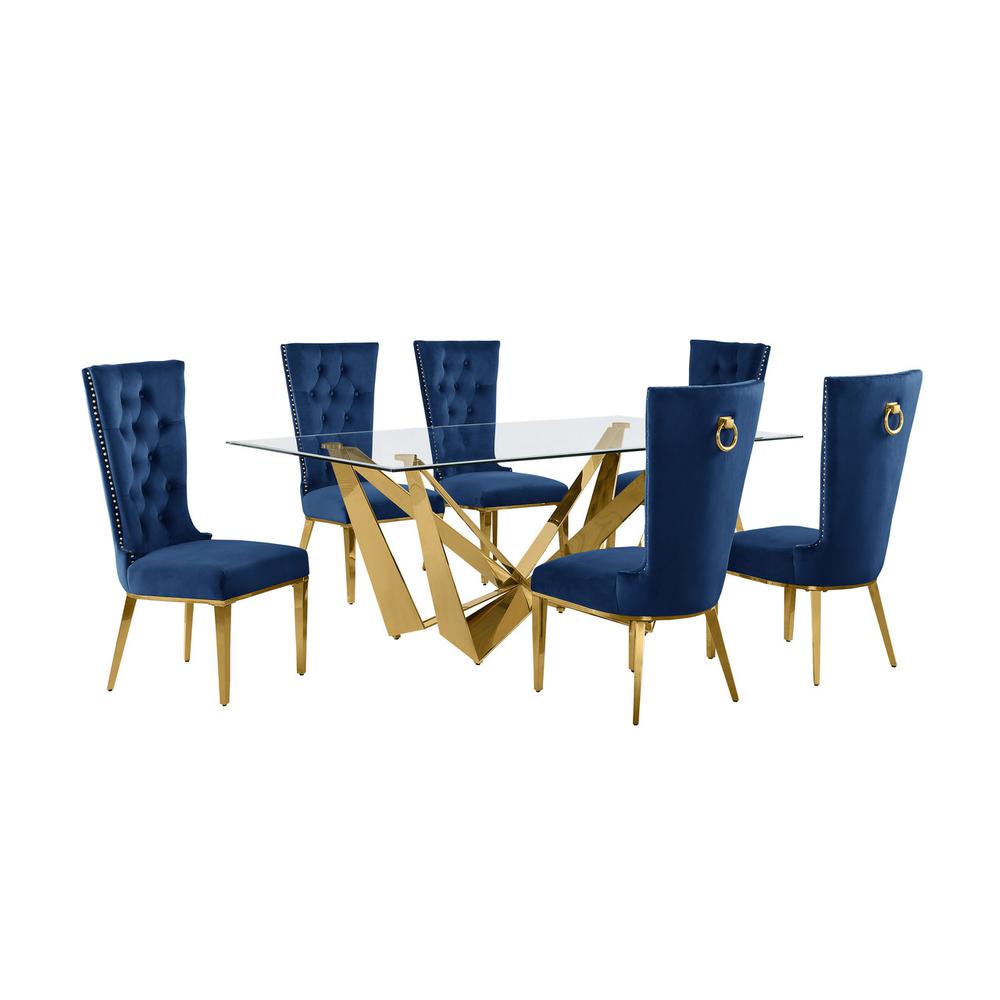 7pc Small(78″) glass dining set with gold base and 6 Navy blue side chairs