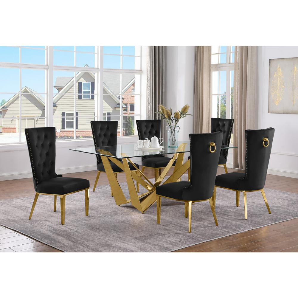 7pc Small(78″) glass dining set with gold base and 6 Black side chairs