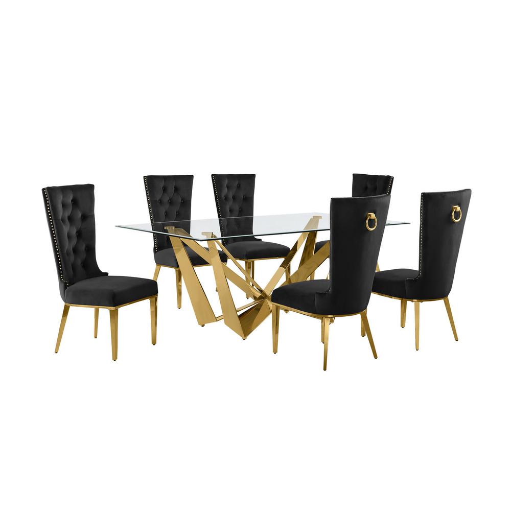 7pc Small(78″) glass dining set with gold base and 6 Black side chairs