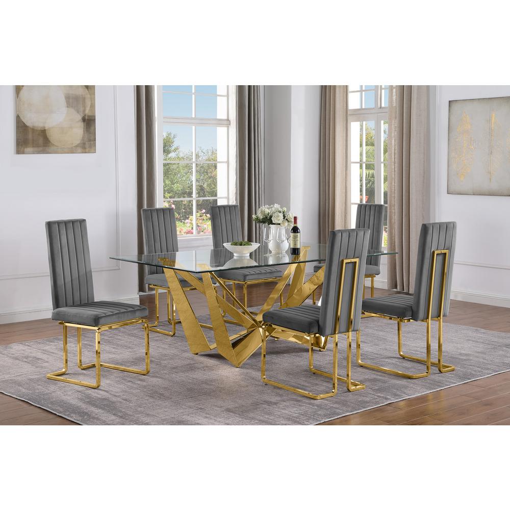 7pc Small(78″) glass dining set with gold base and 6 Dark grey side chairs