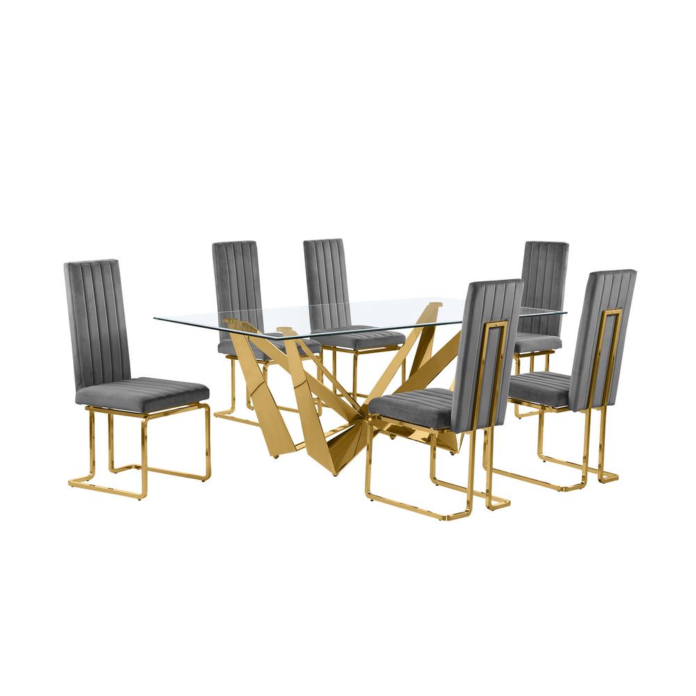 7pc Small(78″) glass dining set with gold base and 6 Dark grey side chairs
