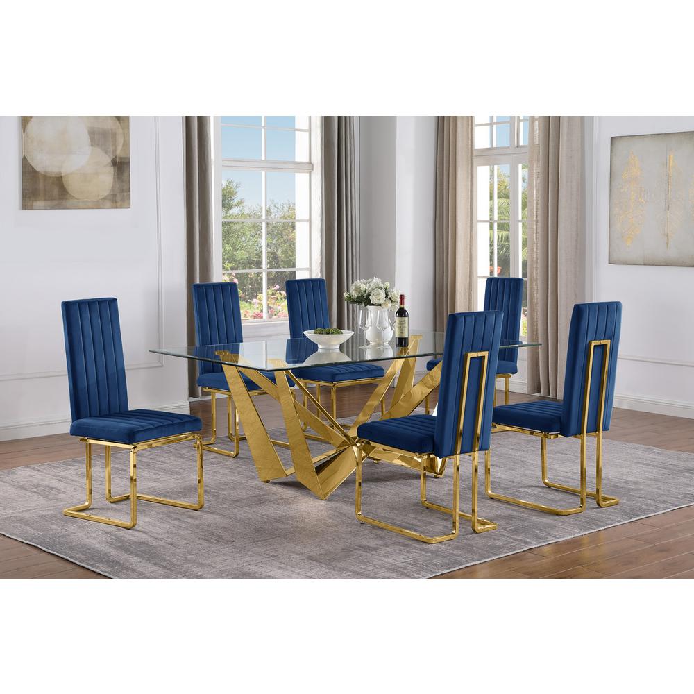 7pc Small(78″) glass dining set with gold base and 6 Navy blue side chairs